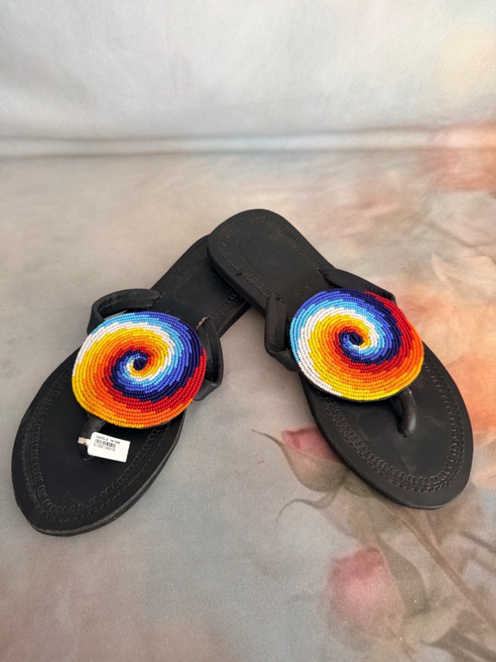 Women's Black Thong Sandals with Multicolor Beaded Spiral